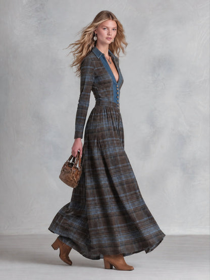 Vintage-Style Denim-Trimmed Brown and Blue Plaid Maxi Dress