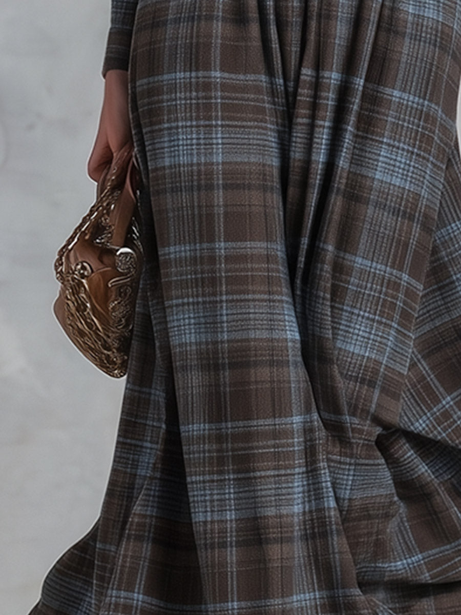 Vintage-Style Denim-Trimmed Brown and Blue Plaid Maxi Dress
