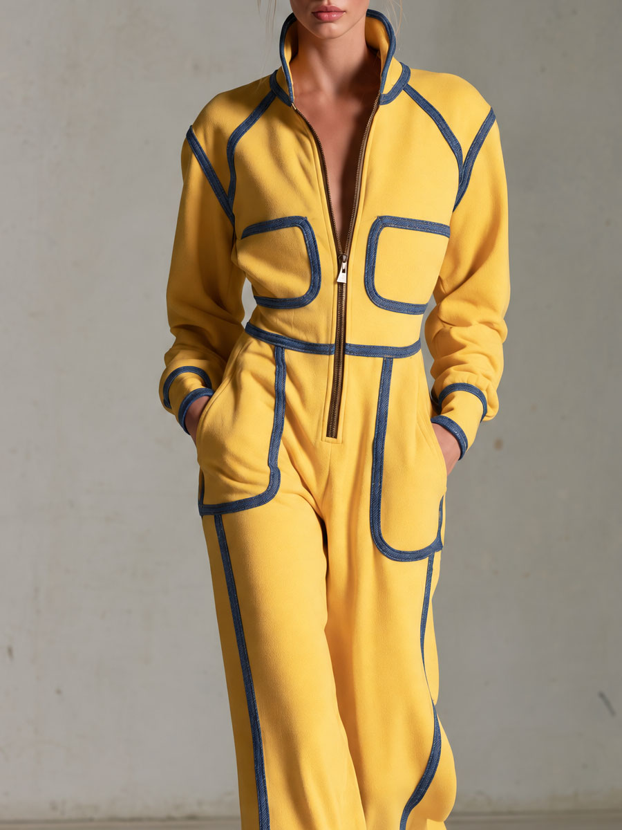Casual Retro Denim-trimmed Yellow Stand-up Collar Zip-up Cotton Jumpsuit
