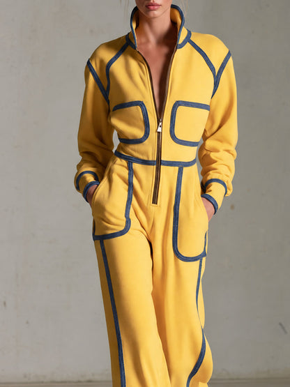 Casual Retro Denim-trimmed Yellow Stand-up Collar Zip-up Cotton Jumpsuit