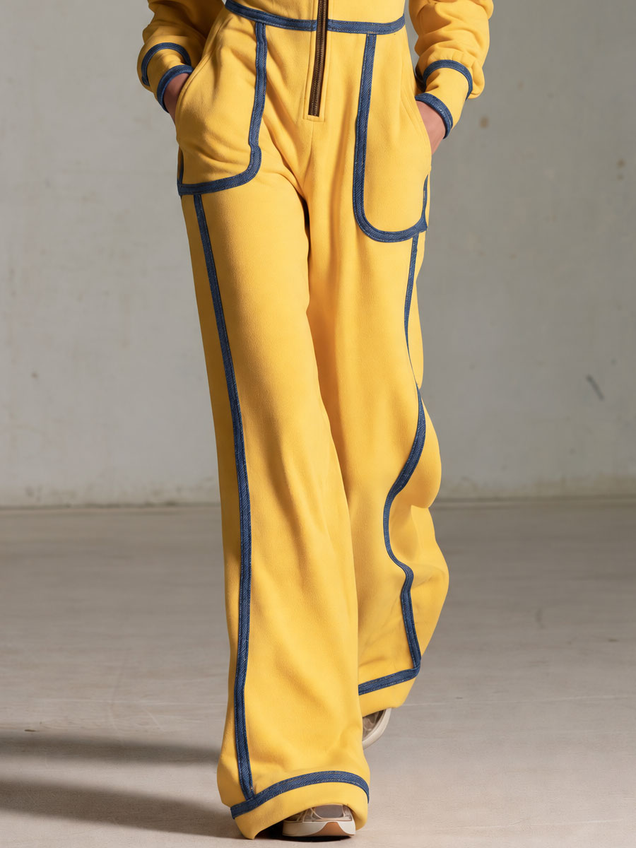 Casual Retro Denim-trimmed Yellow Stand-up Collar Zip-up Cotton Jumpsuit