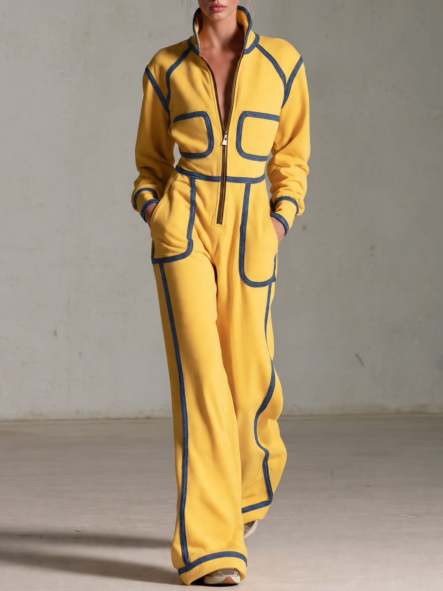 Casual Retro Denim-trimmed Yellow Stand-up Collar Zip-up Cotton Jumpsuit