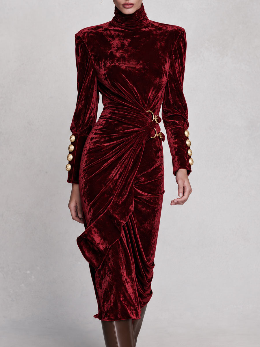 Vintage-elegant Burgundy High-neck Pleated Velvet Midi Dress