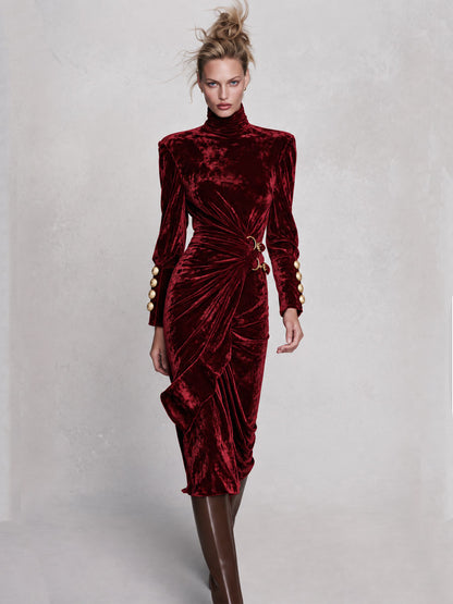 Vintage-elegant Burgundy High-neck Pleated Velvet Midi Dress