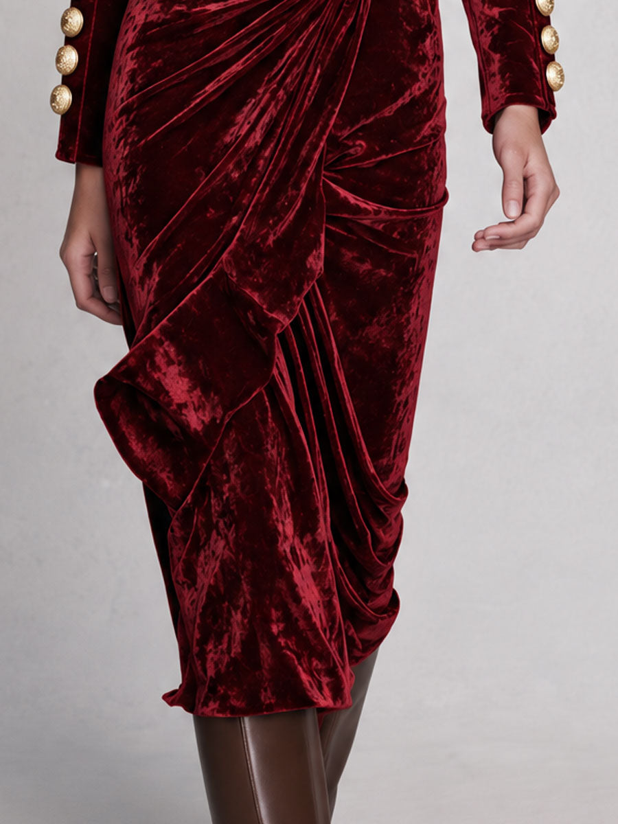Vintage-elegant Burgundy High-neck Pleated Velvet Midi Dress