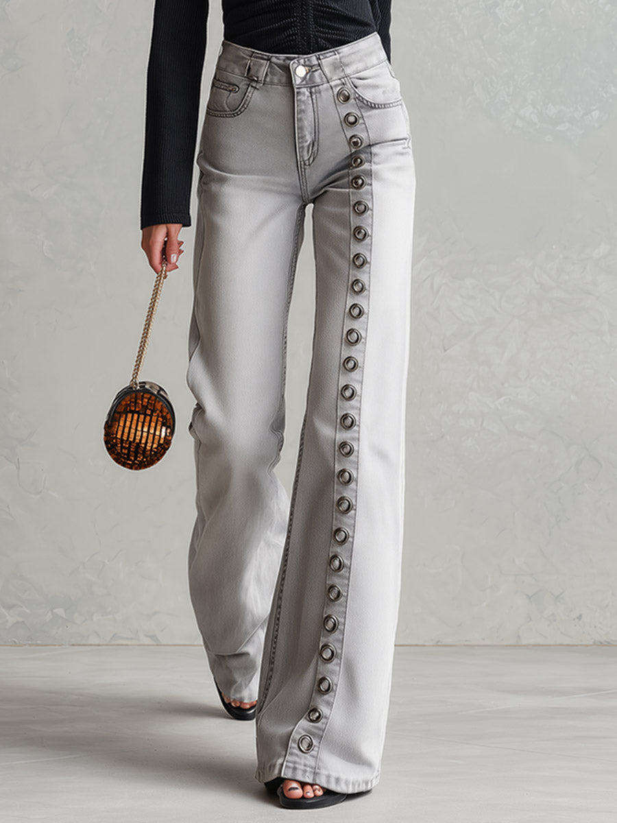 Stylish Metal Eyelets Light Gray Wide-Leg Jeans
