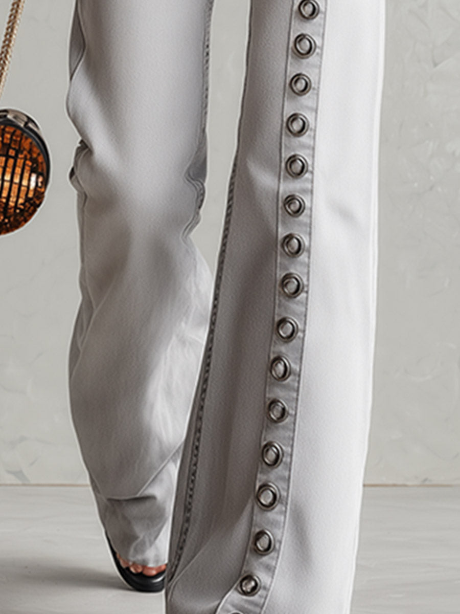 Stylish Metal Eyelets Light Gray Wide-Leg Jeans