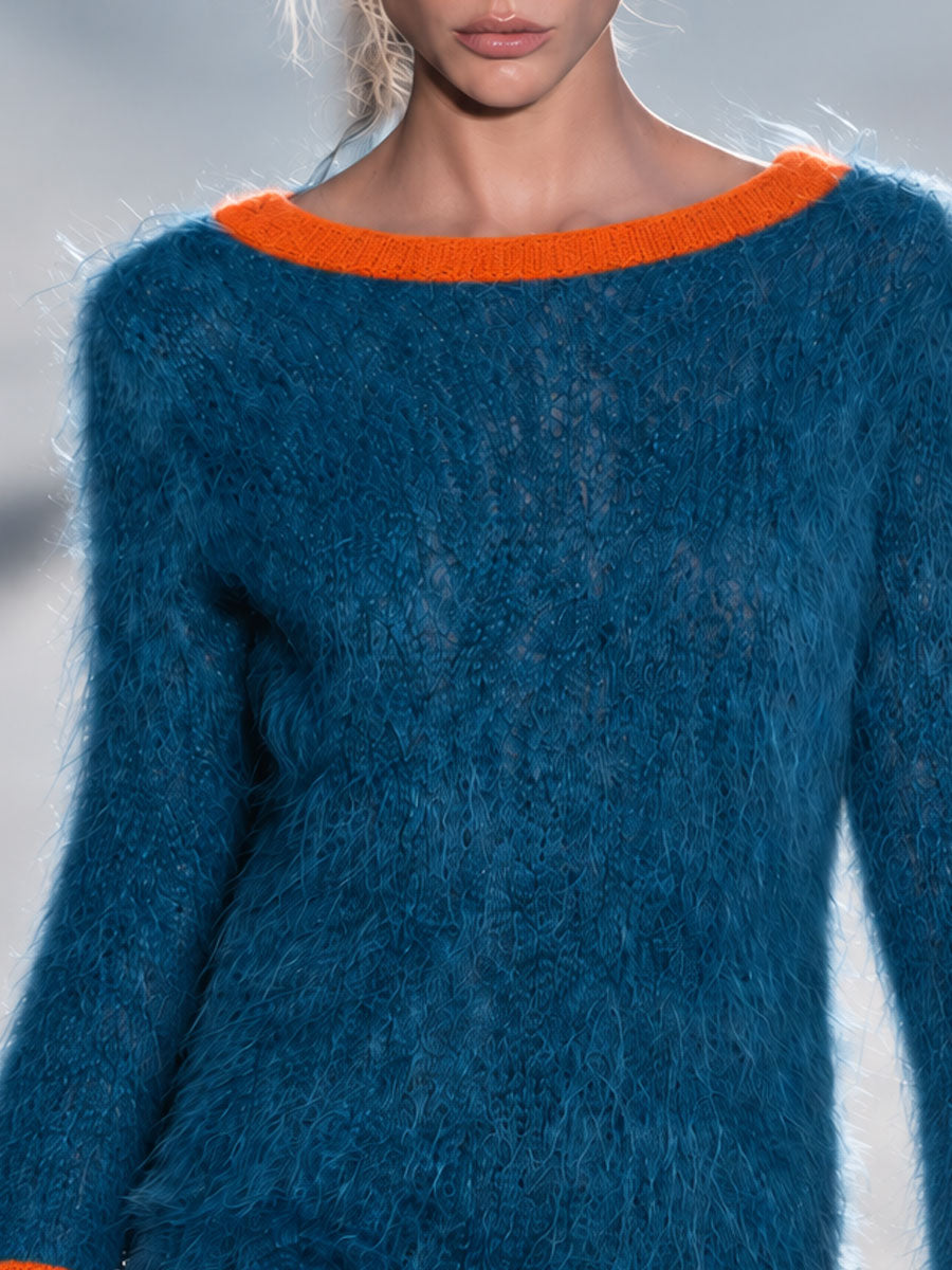 Retro-chic Color-blocked Trim Blue Tassel Bell Sleeve Knit Mini Dress
