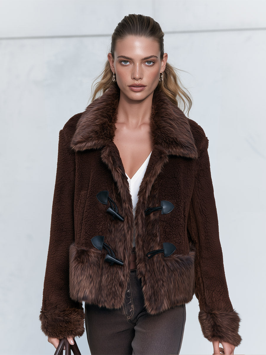 Premium Faux-Shearling Trimmed Brown Fleece Duffle Coat