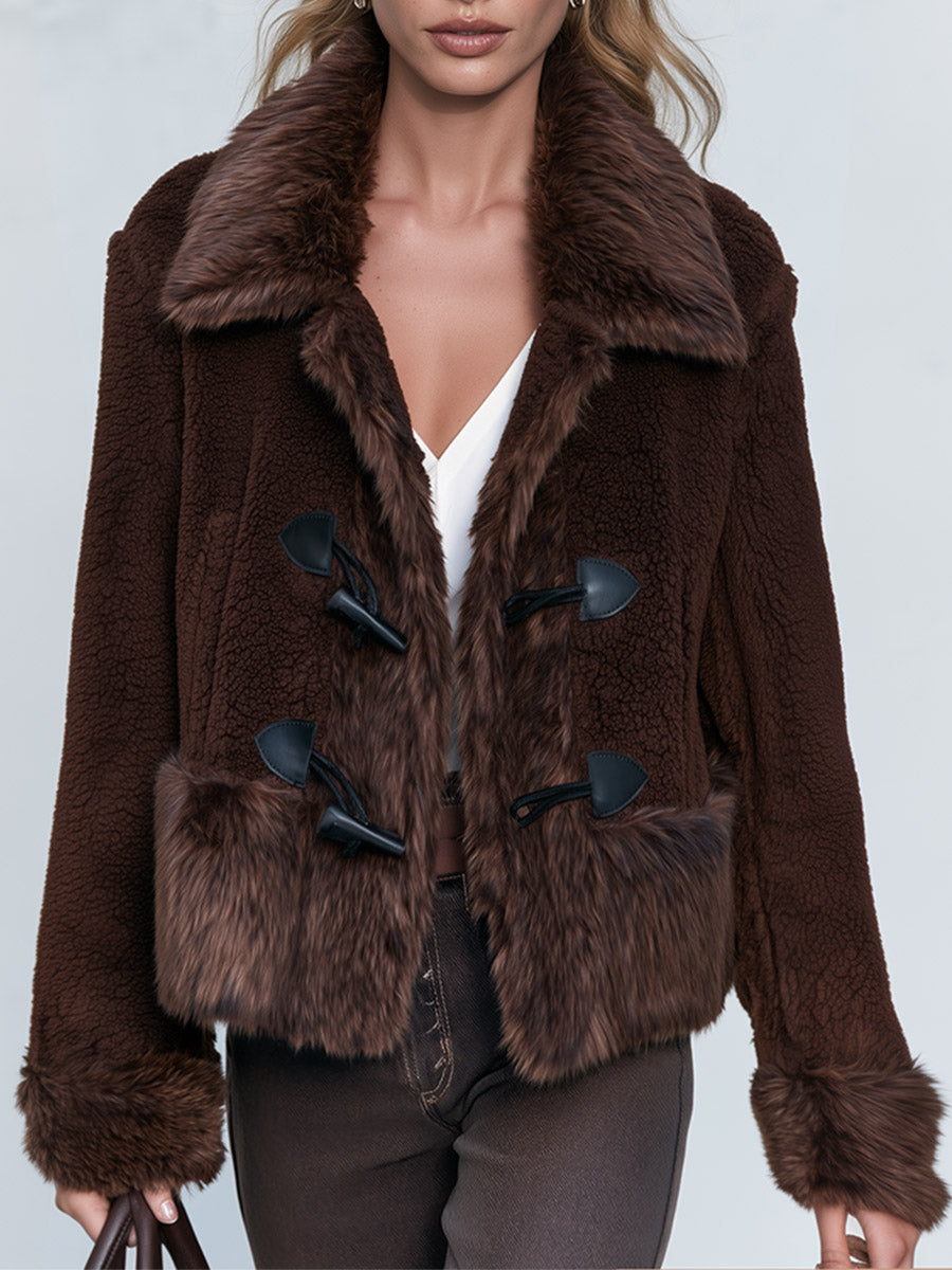 Premium Faux-Shearling Trimmed Brown Fleece Duffle Coat