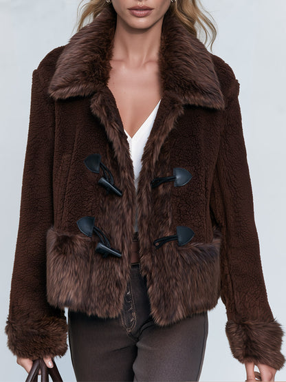 Premium Faux-Shearling Trimmed Brown Fleece Duffle Coat