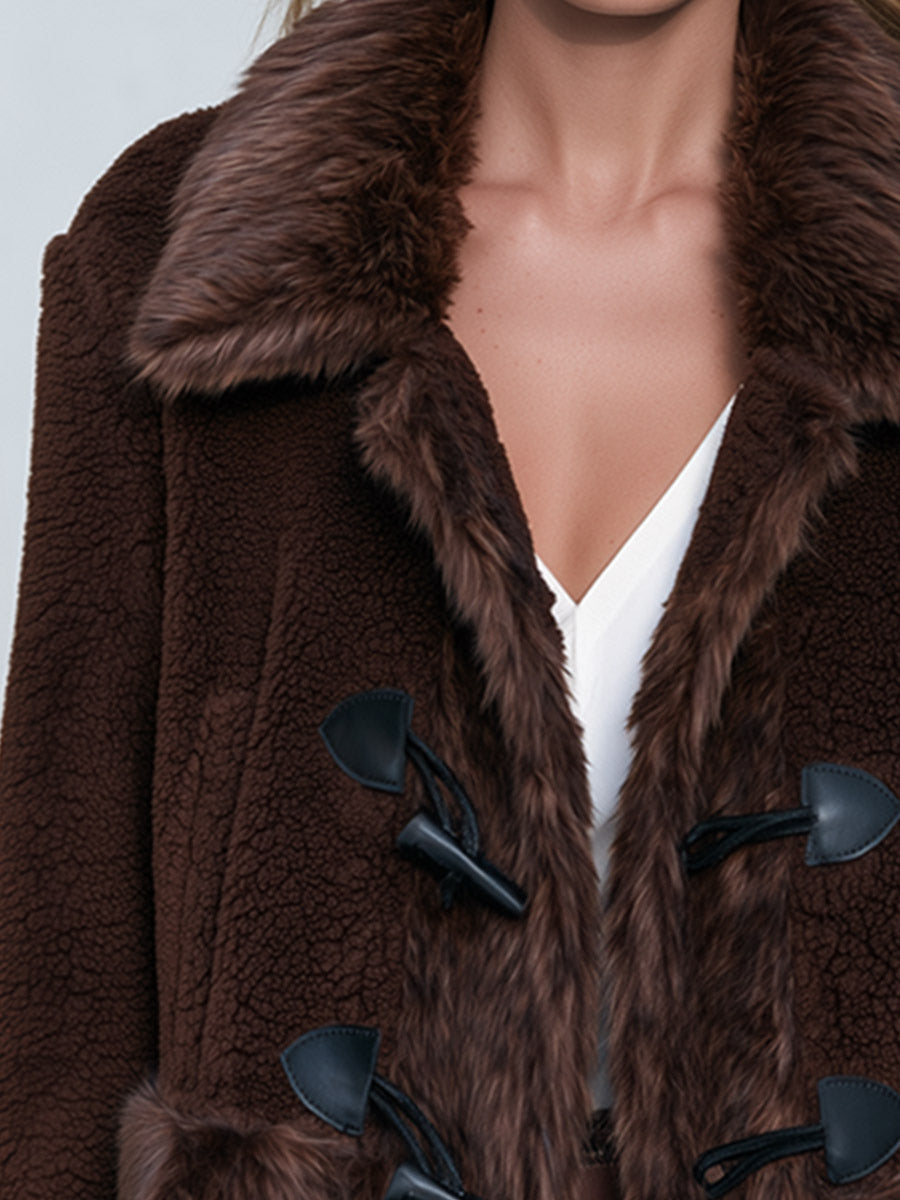 Premium Faux-Shearling Trimmed Brown Fleece Duffle Coat