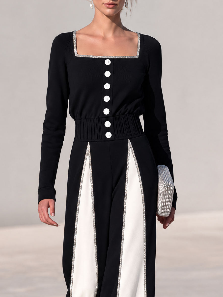 Retro-chic Black And White Color-blocked Square Neck Button Cotton Wide-leg Jumpsuit