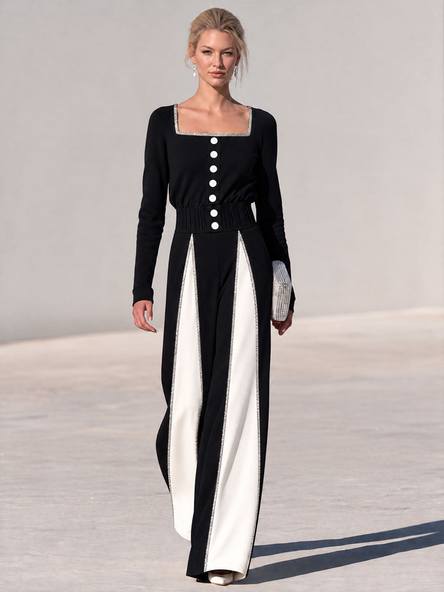 Retro-chic Black And White Color-blocked Square Neck Button Cotton Wide-leg Jumpsuit