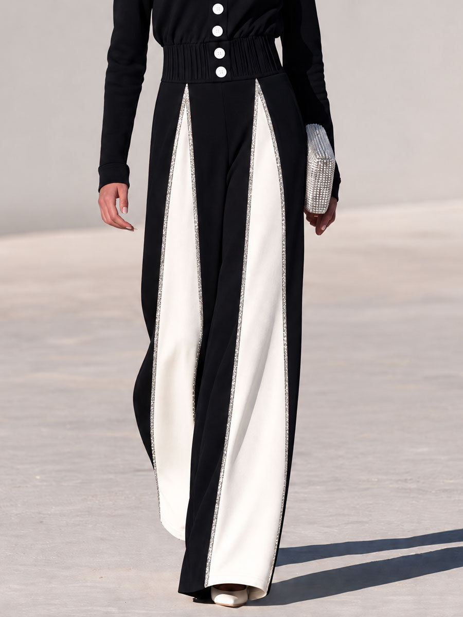 Retro-chic Black And White Color-blocked Square Neck Button Cotton Wide-leg Jumpsuit