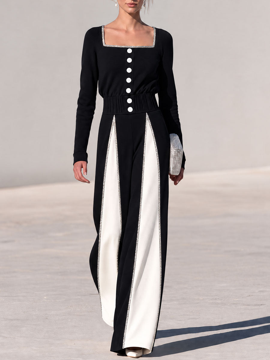 Retro-chic Black And White Color-blocked Square Neck Button Cotton Wide-leg Jumpsuit