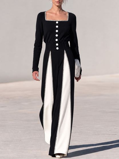 Retro-chic Black And White Color-blocked Square Neck Button Cotton Wide-leg Jumpsuit