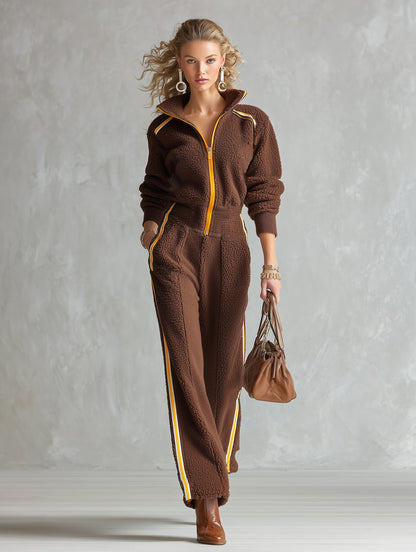 Stylish and Warm Yellow Trim Brown Fleece Wide-Leg Jumpsuit