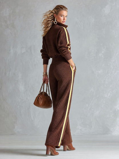 Stylish and Warm Yellow Trim Brown Fleece Wide-Leg Jumpsuit