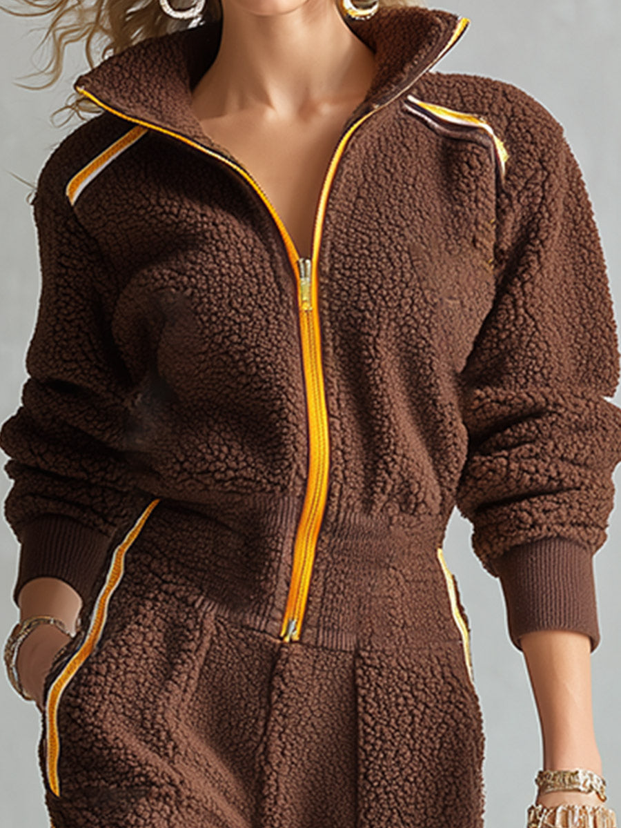 Stylish and Warm Yellow Trim Brown Fleece Wide-Leg Jumpsuit