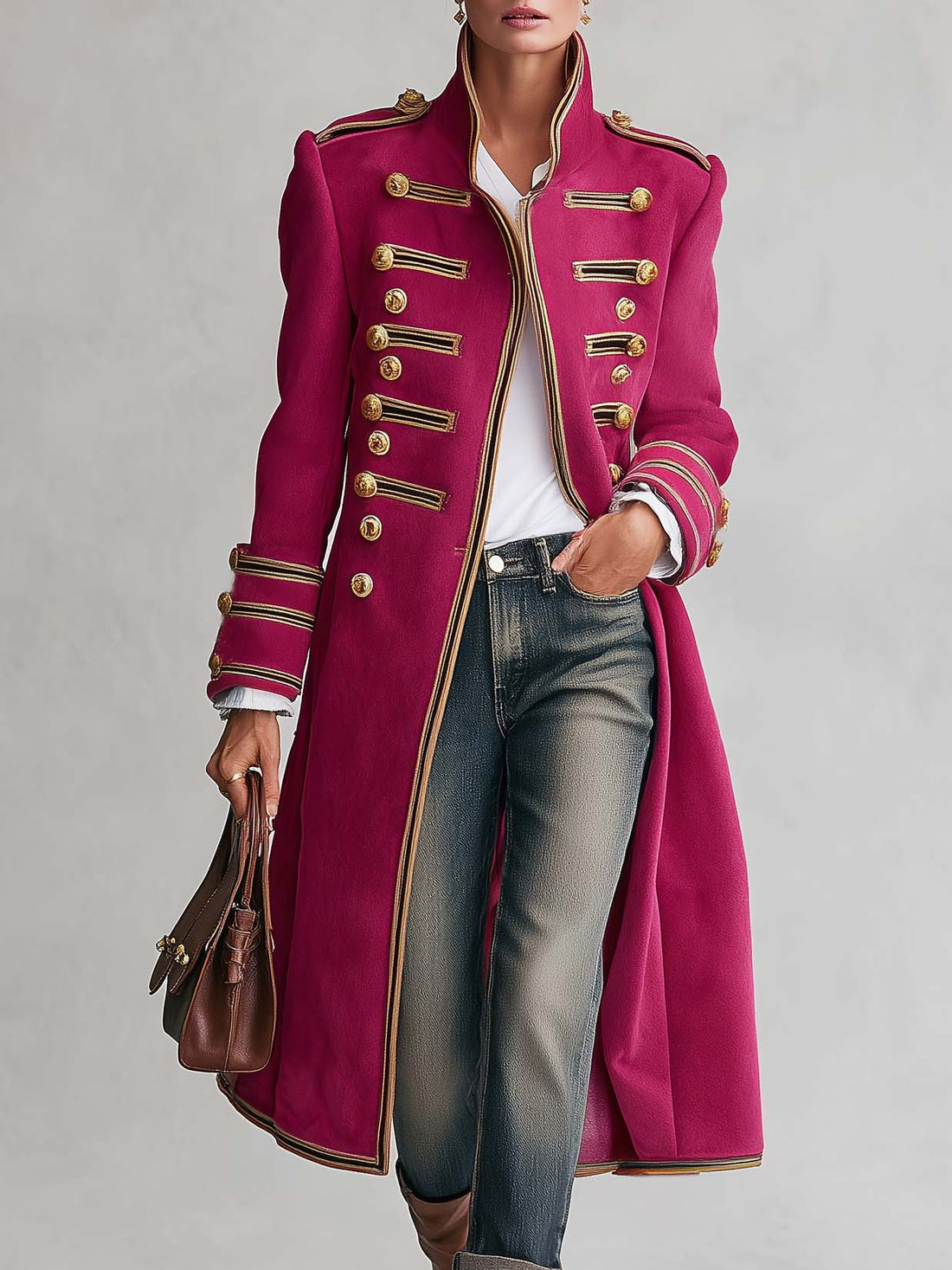 Vintage Military Magenta Gold Button Braided Trim Stand Collar Long Wool Coat
