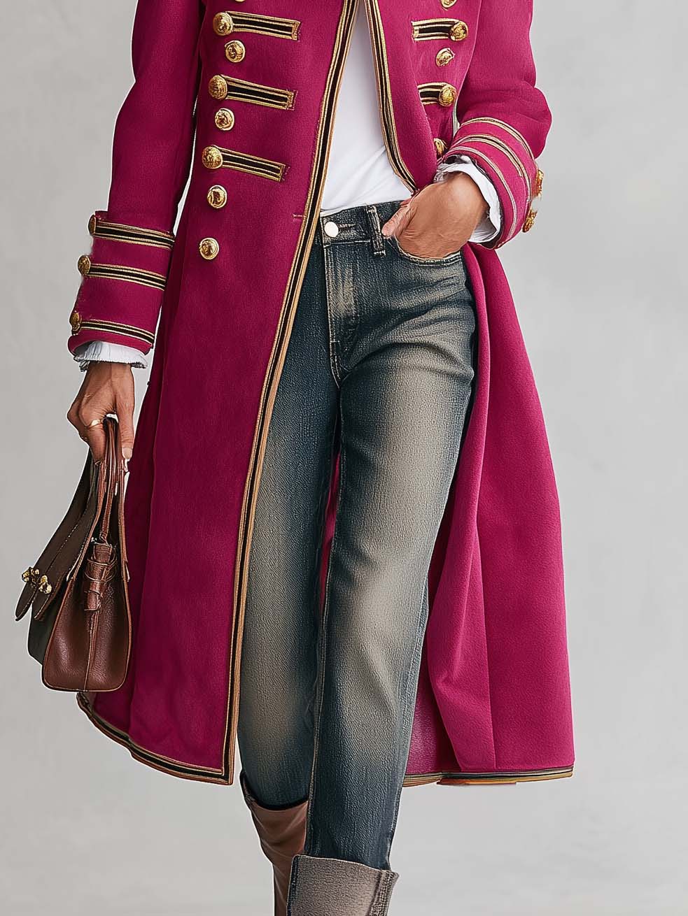 Vintage Military Magenta Gold Button Braided Trim Stand Collar Long Wool Coat