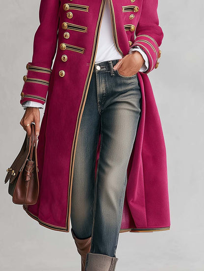 Vintage Military Magenta Gold Button Braided Trim Stand Collar Long Wool Coat