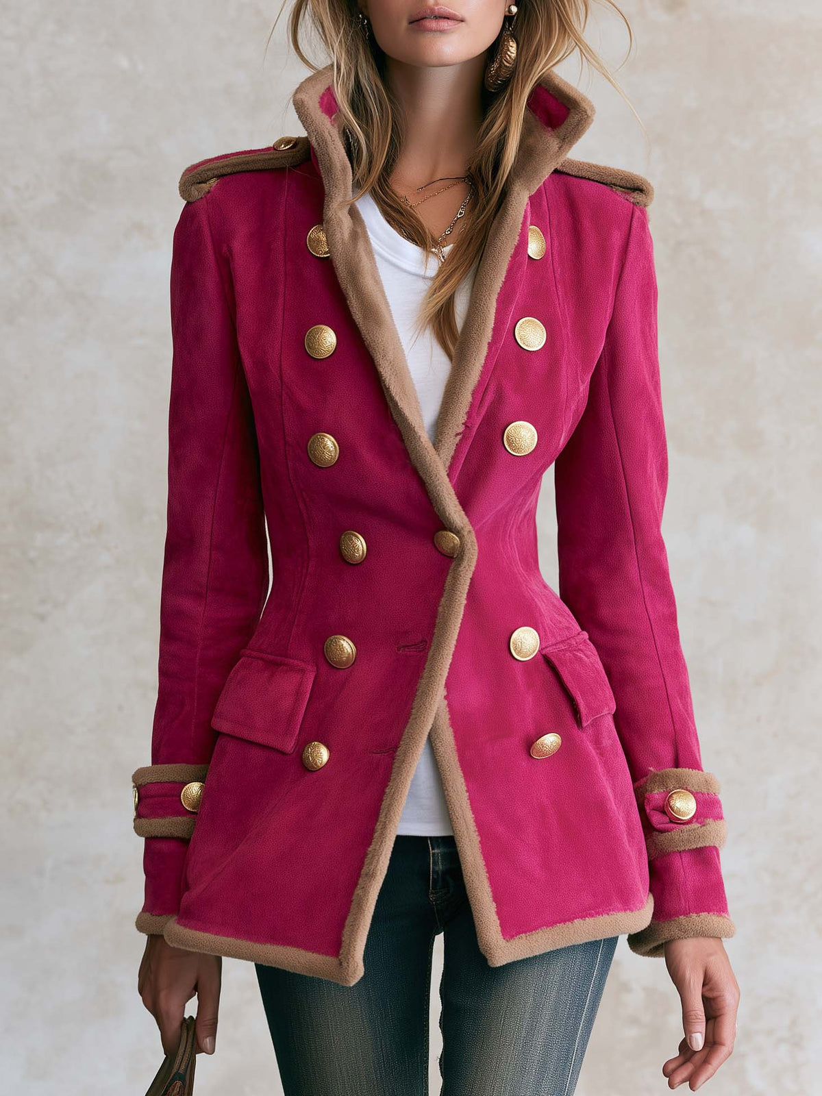 Vintage Military Hot Pink Faux Suede Shearling Trim Double-Breasted Gold Button Band Jacket