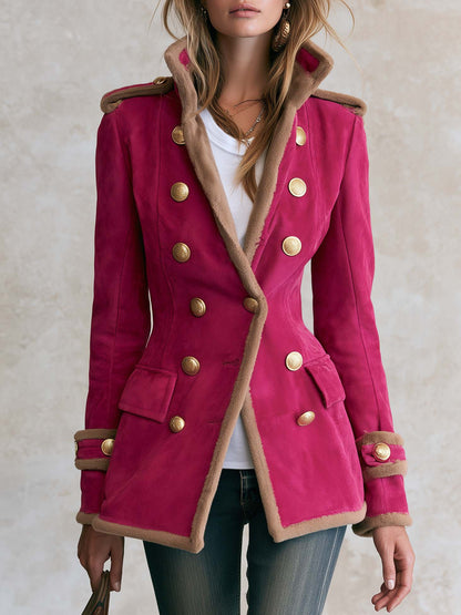 Vintage Military Hot Pink Faux Suede Shearling Trim Double-Breasted Gold Button Band Jacket