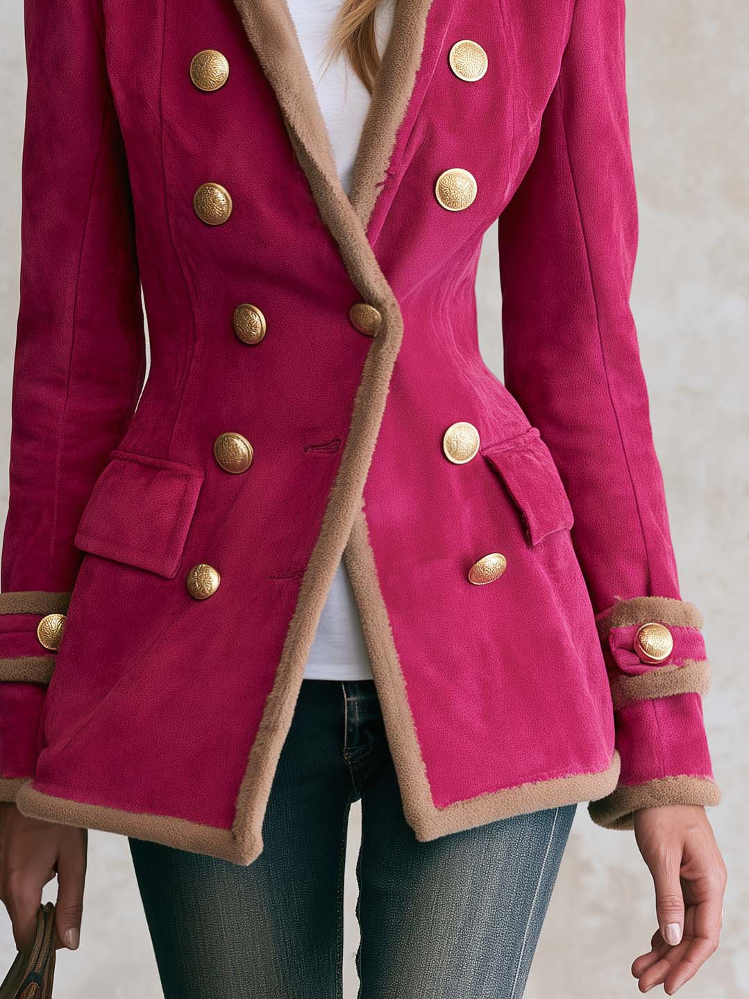 Vintage Military Hot Pink Faux Suede Shearling Trim Double-Breasted Gold Button Band Jacket