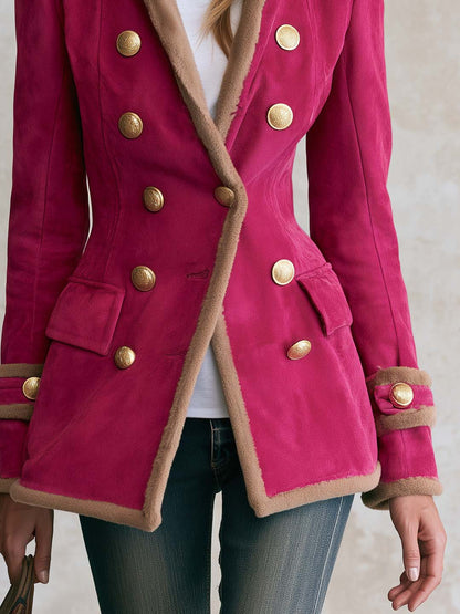 Vintage Military Hot Pink Faux Suede Shearling Trim Double-Breasted Gold Button Band Jacket