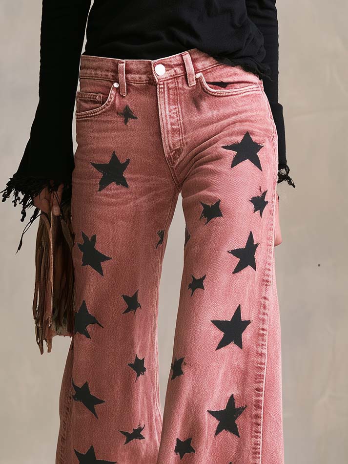 Vintage Western Washed Pink Star Print High Waisted Wide Leg Flare Jeans