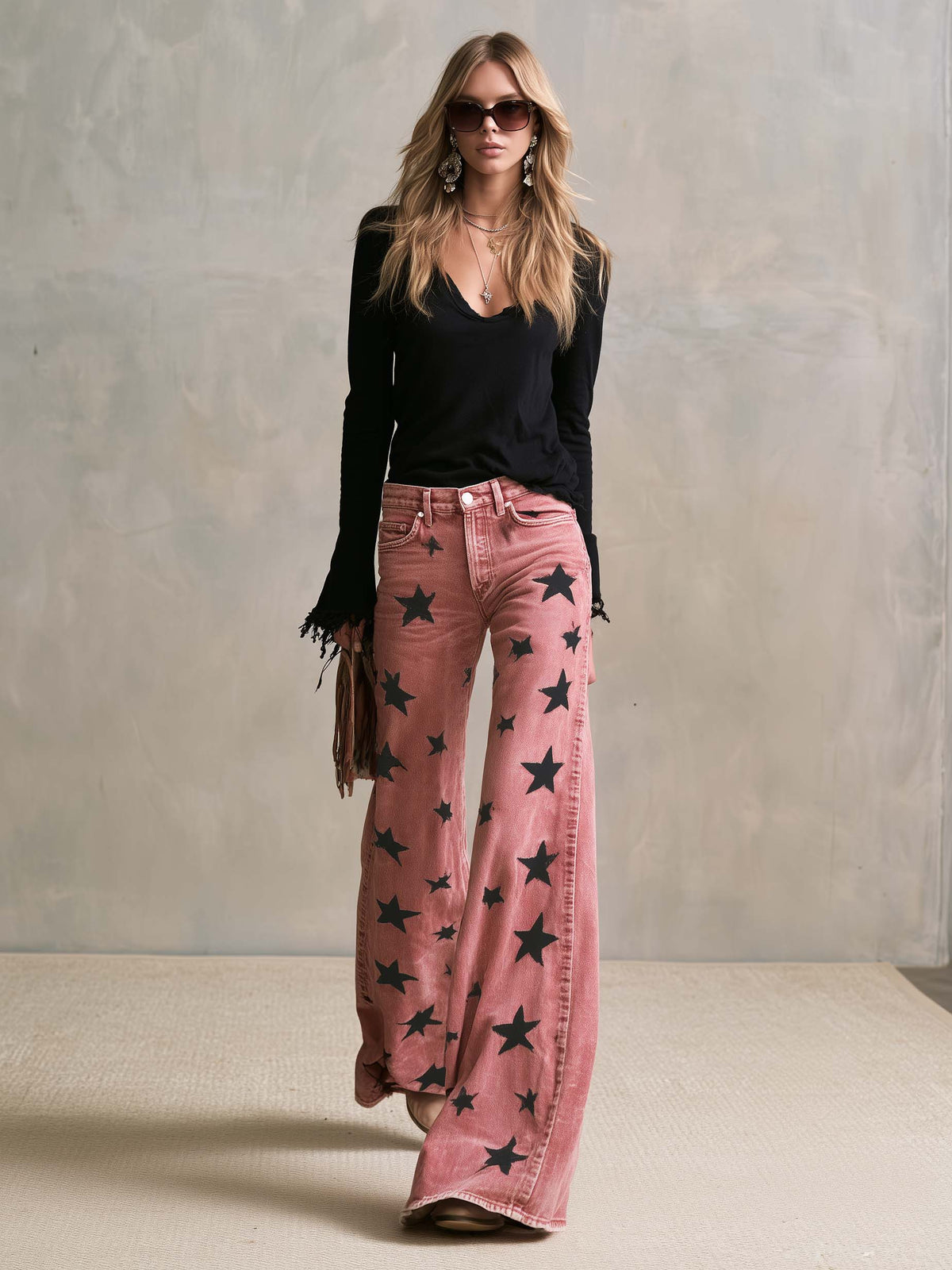 Vintage Western Washed Pink Star Print High Waisted Wide Leg Flare Jeans