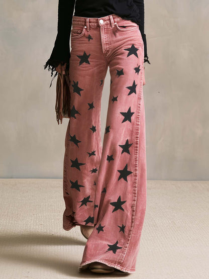 Vintage Western Washed Pink Star Print High Waisted Wide Leg Flare Jeans