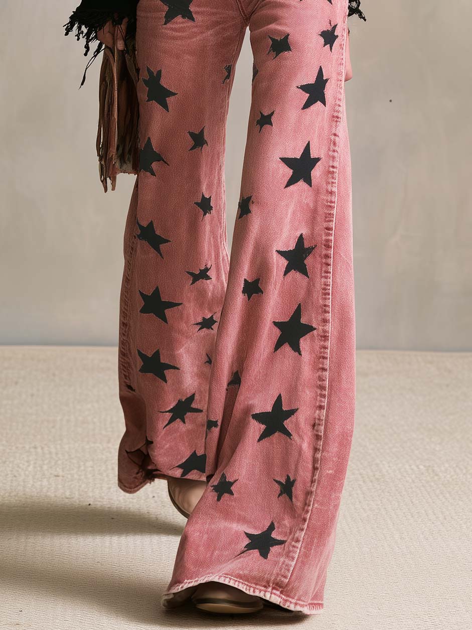 Vintage Western Washed Pink Star Print High Waisted Wide Leg Flare Jeans