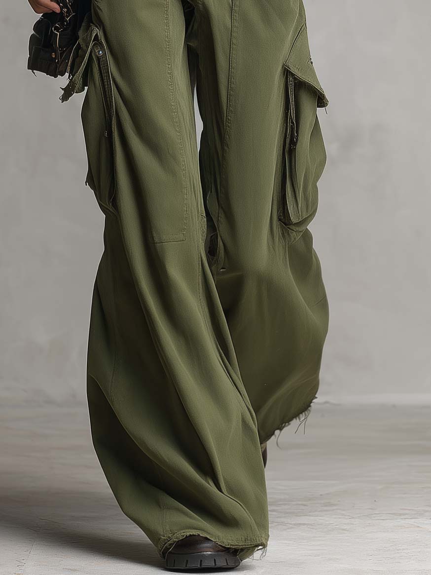 Utility Washed Olive Green Low Rise Baggy Wide Leg Women Cargo Jeans