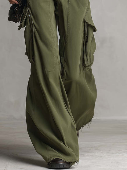Utility Washed Olive Green Low Rise Baggy Wide Leg Women Cargo Jeans
