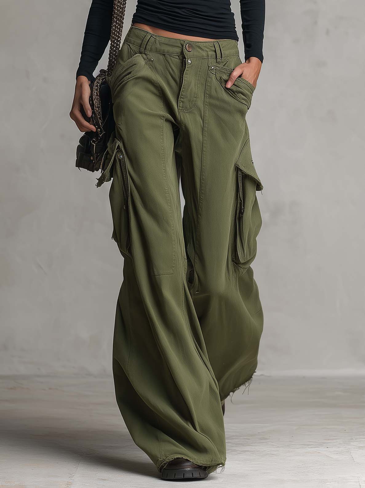 Utility Washed Olive Green Low Rise Baggy Wide Leg Women Cargo Jeans