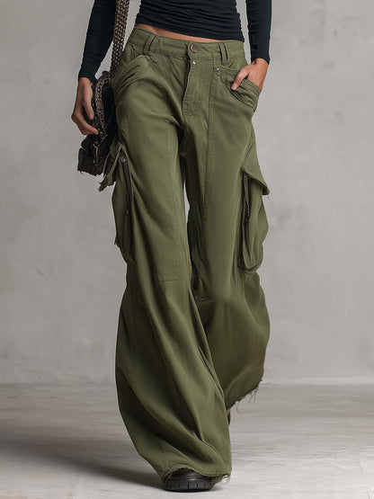 Utility Washed Olive Green Low Rise Baggy Wide Leg Women Cargo Jeans
