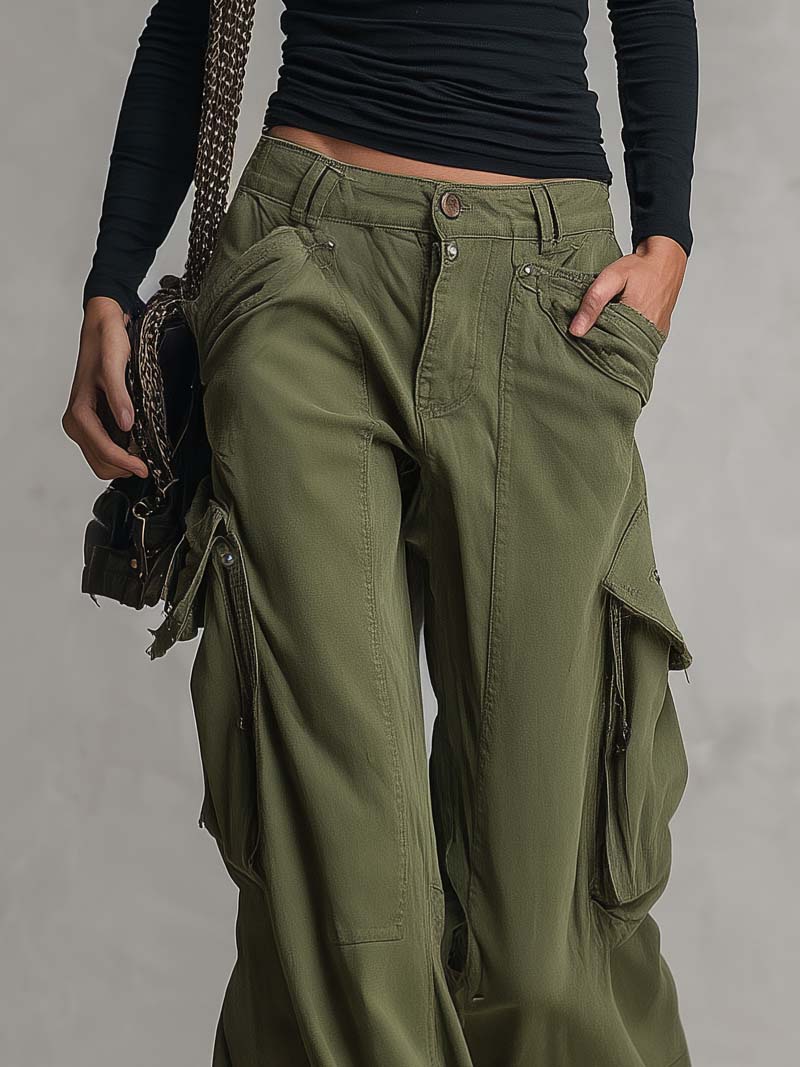 Utility Washed Olive Green Low Rise Baggy Wide Leg Women Cargo Jeans