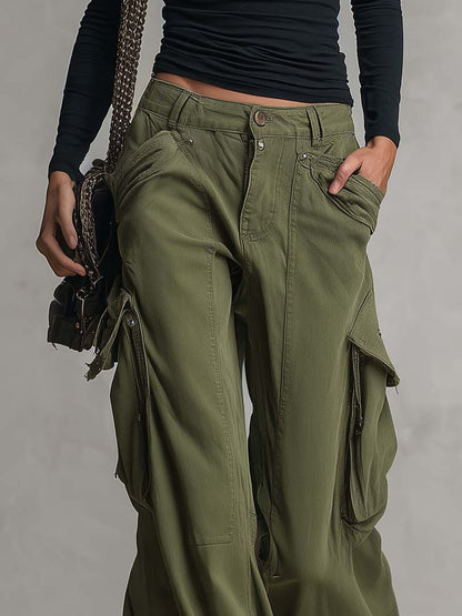 Utility Washed Olive Green Low Rise Baggy Wide Leg Women Cargo Jeans