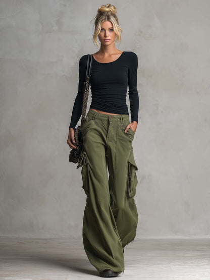 Utility Washed Olive Green Low Rise Baggy Wide Leg Women Cargo Jeans