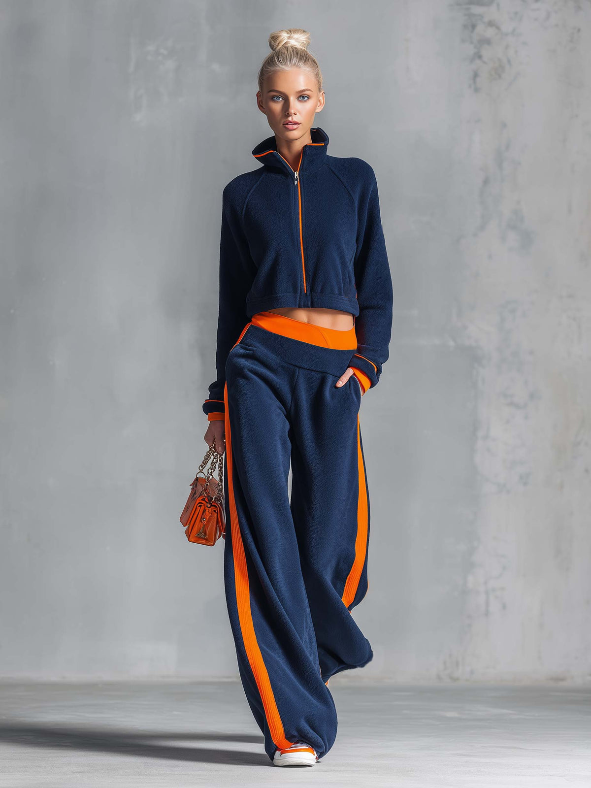 Retro Sporty Navy Color-block Polar Fleece Cropped Zip-up Jacket And Wide-leg Pants Set