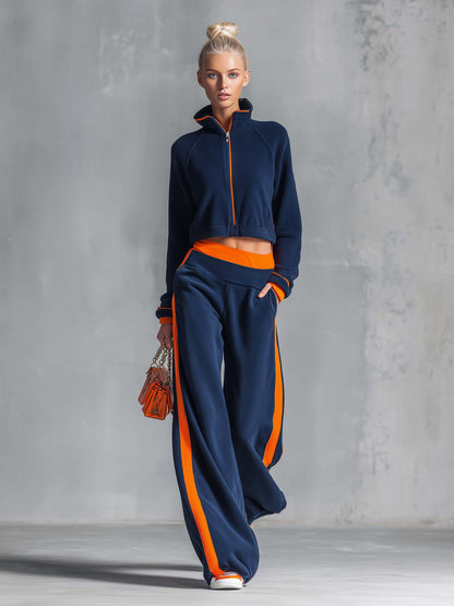 Retro Sporty Navy Color-block Polar Fleece Cropped Zip-up Jacket And Wide-leg Pants Set