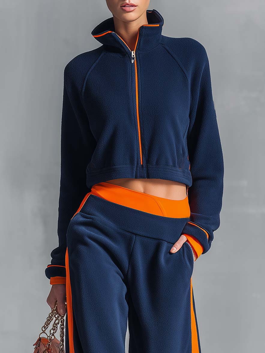 Retro Sporty Navy Color-block Polar Fleece Cropped Zip-up Jacket And Wide-leg Pants Set