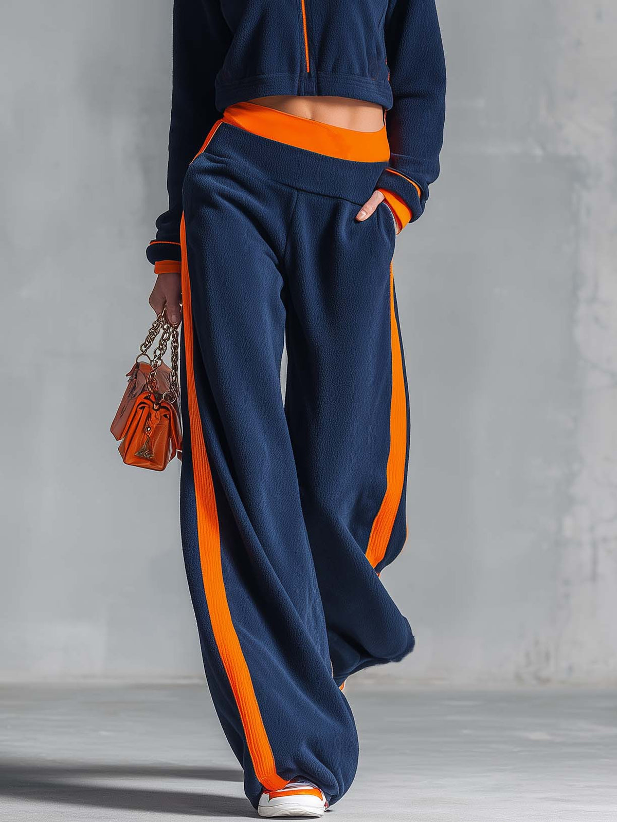 Retro Sporty Navy Color-block Polar Fleece Cropped Zip-up Jacket And Wide-leg Pants Set