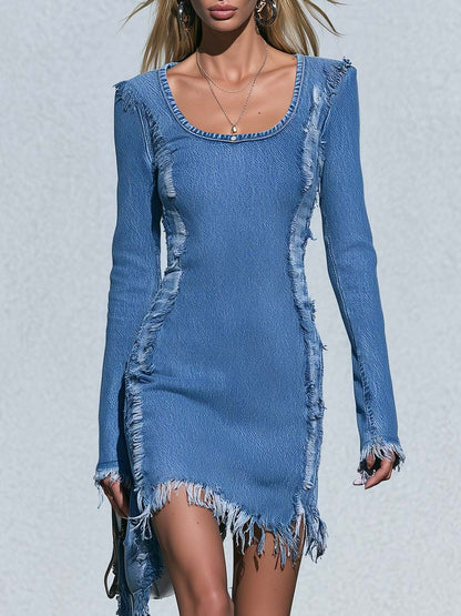 Street Chic Distressed Frayed Seam Scoop-Neck Long-Sleeve Bodycon Jean Mini Dress