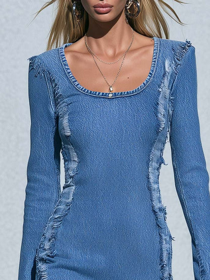 Street Chic Distressed Frayed Seam Scoop-Neck Long-Sleeve Bodycon Jean Mini Dress