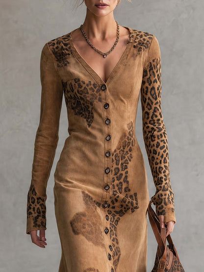 Vintage Western Faux Suede Leopard Print Button Down Long Sleeve Midi Dress