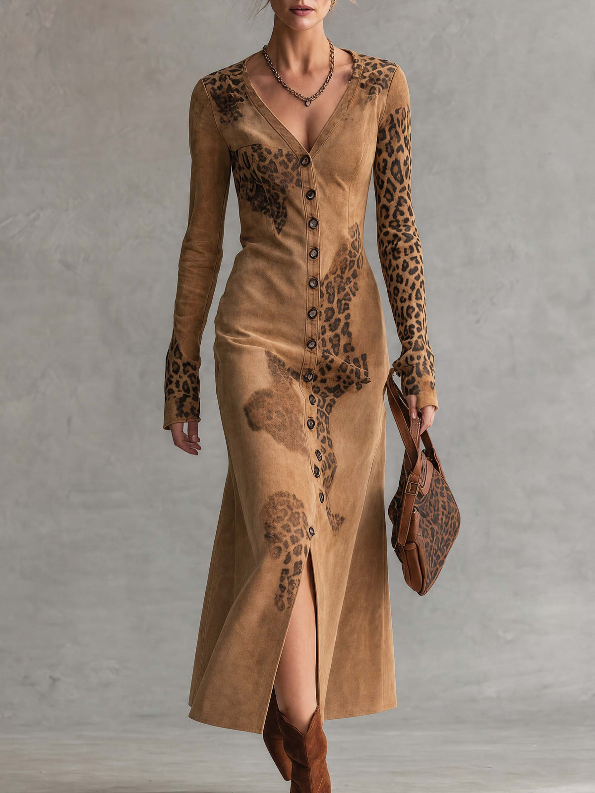 Vintage Western Faux Suede Leopard Print Button Down Long Sleeve Midi Dress